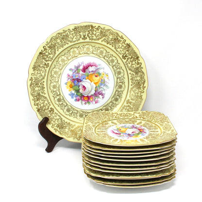 Cake Plate Serving Set, Dessert / Salad Square Plates,  Floral & Gold Filigree, Bohemia Ceramic Works, Antique, 13 Pc Set