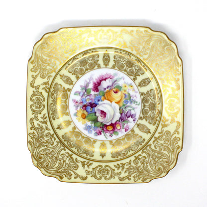 Cake Plate Serving Set, Dessert / Salad Square Plates,  Floral & Gold Filigree, Bohemia Ceramic Works, Antique, 13 Pc Set