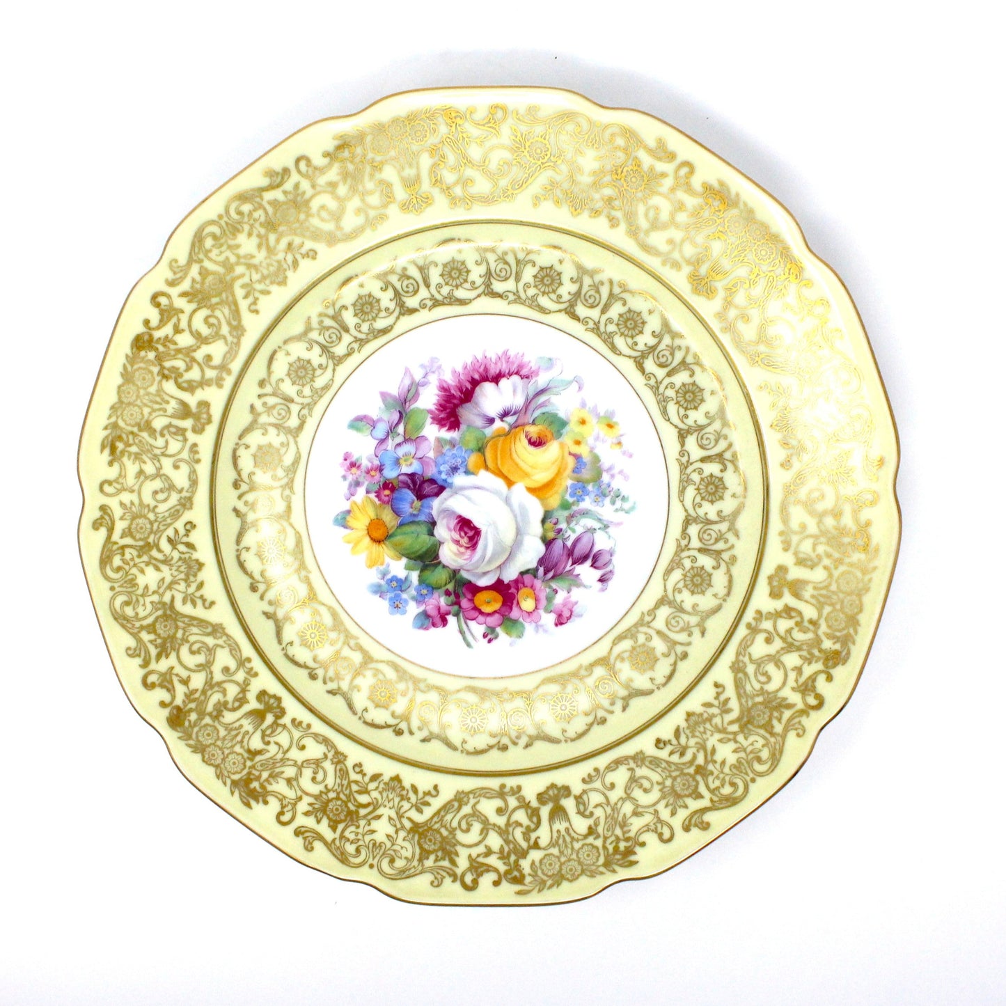 Cake Plate Serving Set, Dessert / Salad Square Plates,  Floral & Gold Filigree, Bohemia Ceramic Works, Antique, 13 Pc Set