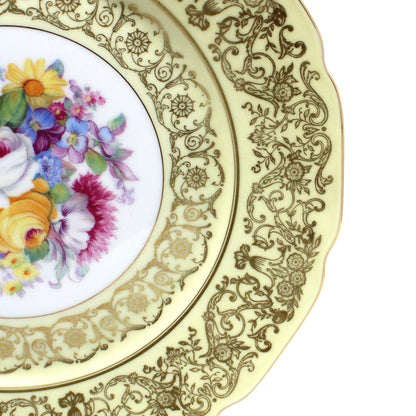 Cake Plate Serving Set, Dessert / Salad Square Plates,  Floral & Gold Filigree, Bohemia Ceramic Works, Antique, 13 Pc Set