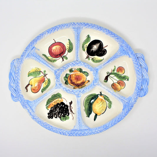 Divided Tray, Hand Painted Ceramic with Built-In Handles, Fruits, Vintage Italy