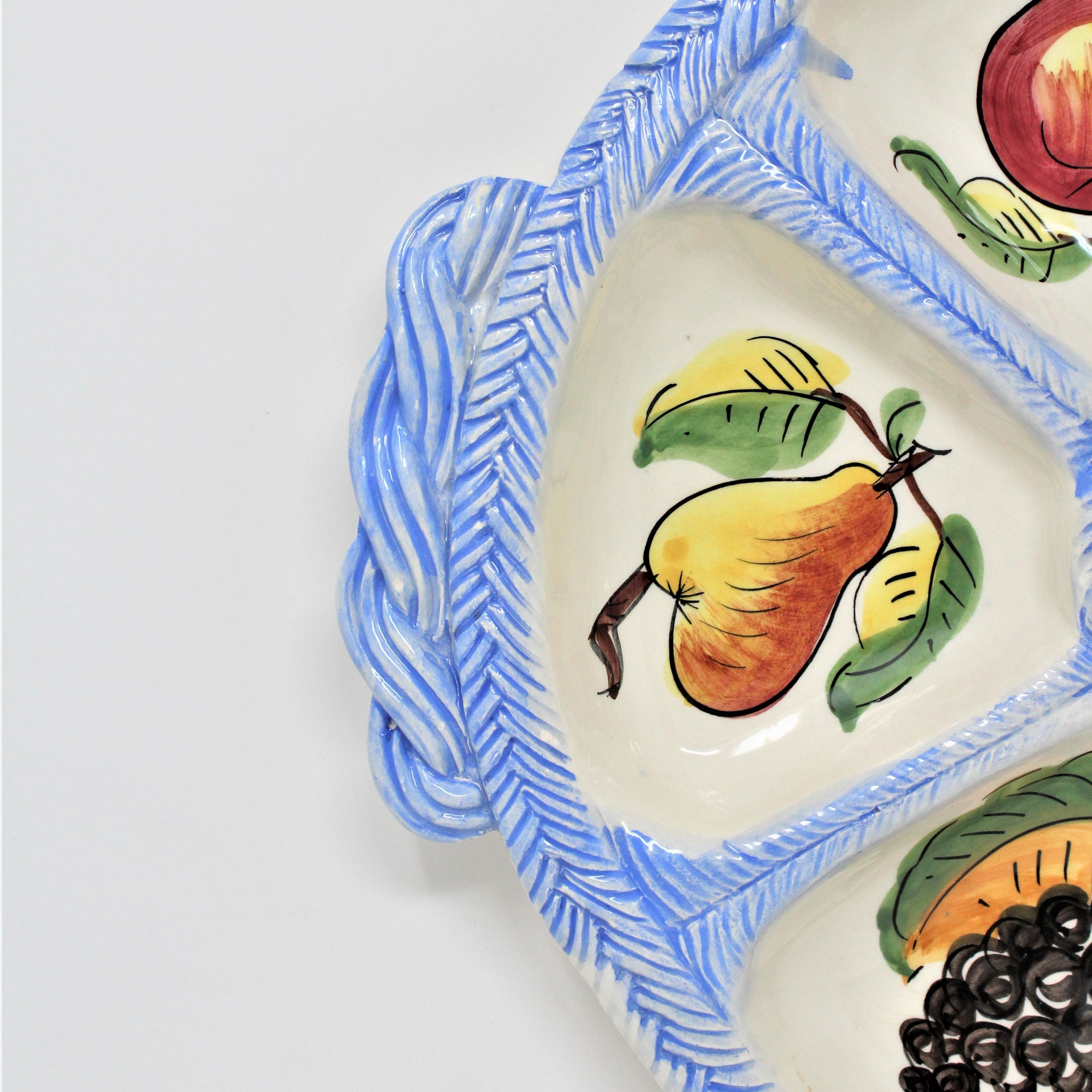 Divided Tray, Hand Painted Ceramic with Built-In Handles, Fruits
