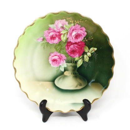 Decorative Plate, Tirschenreuth Bavaria, Pink Roses in Vase, Gold Encrusted Floral, Germany Antique