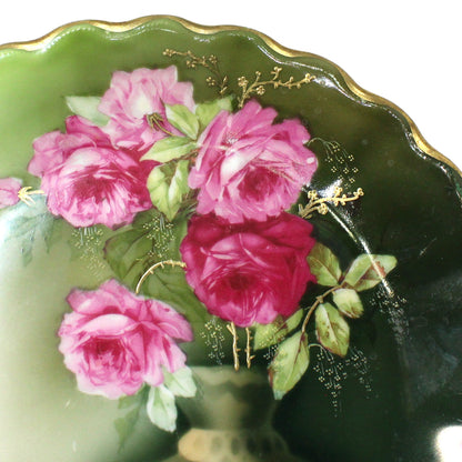 Decorative Plate, Tirschenreuth Bavaria, Pink Roses in Vase, Gold Encrusted Floral, Germany Antique