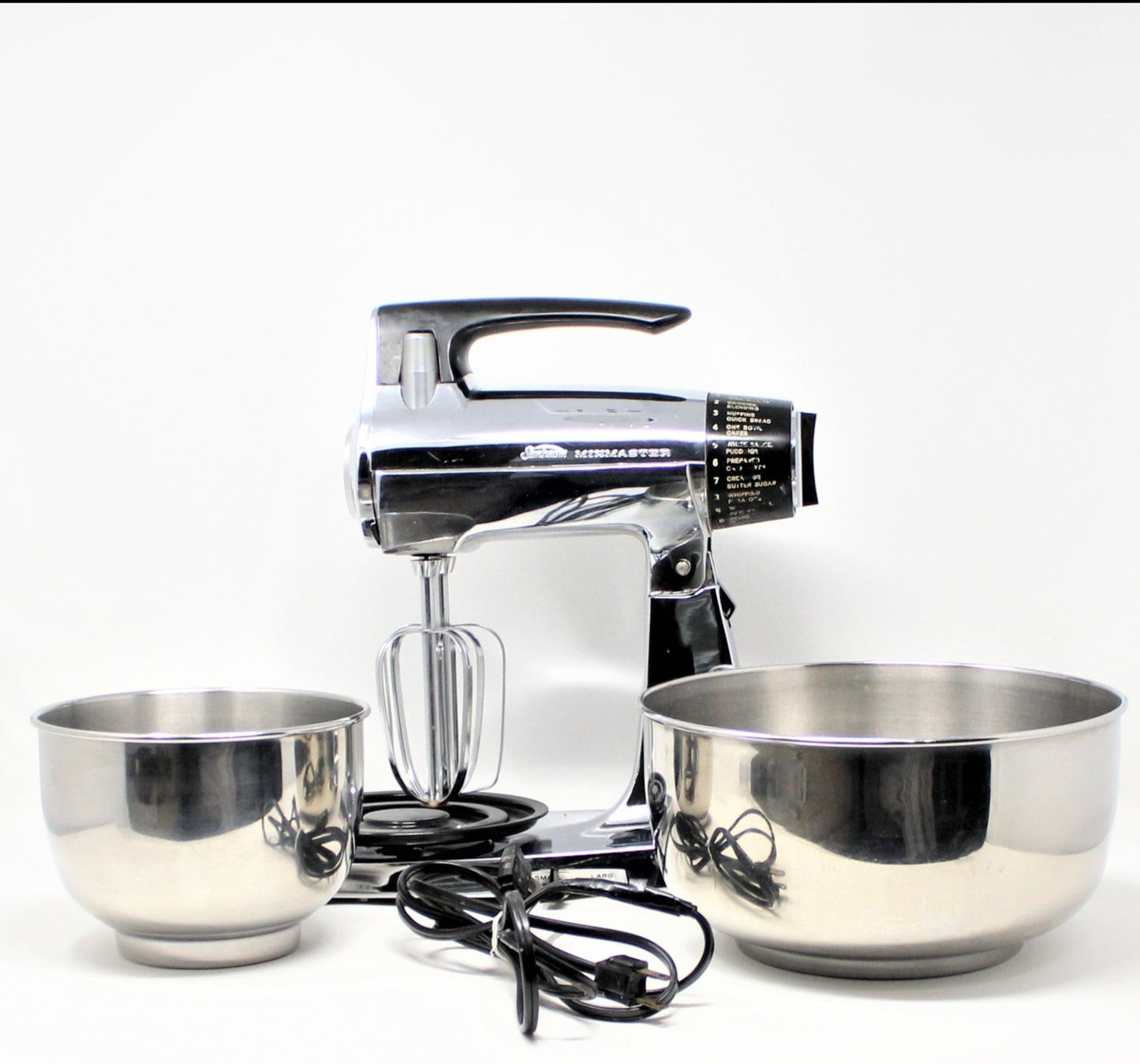 Mixer, Sunbeam, Chrome MixMaster Stand Mixer with Two Bowls, Recipe Booklet, Vintage