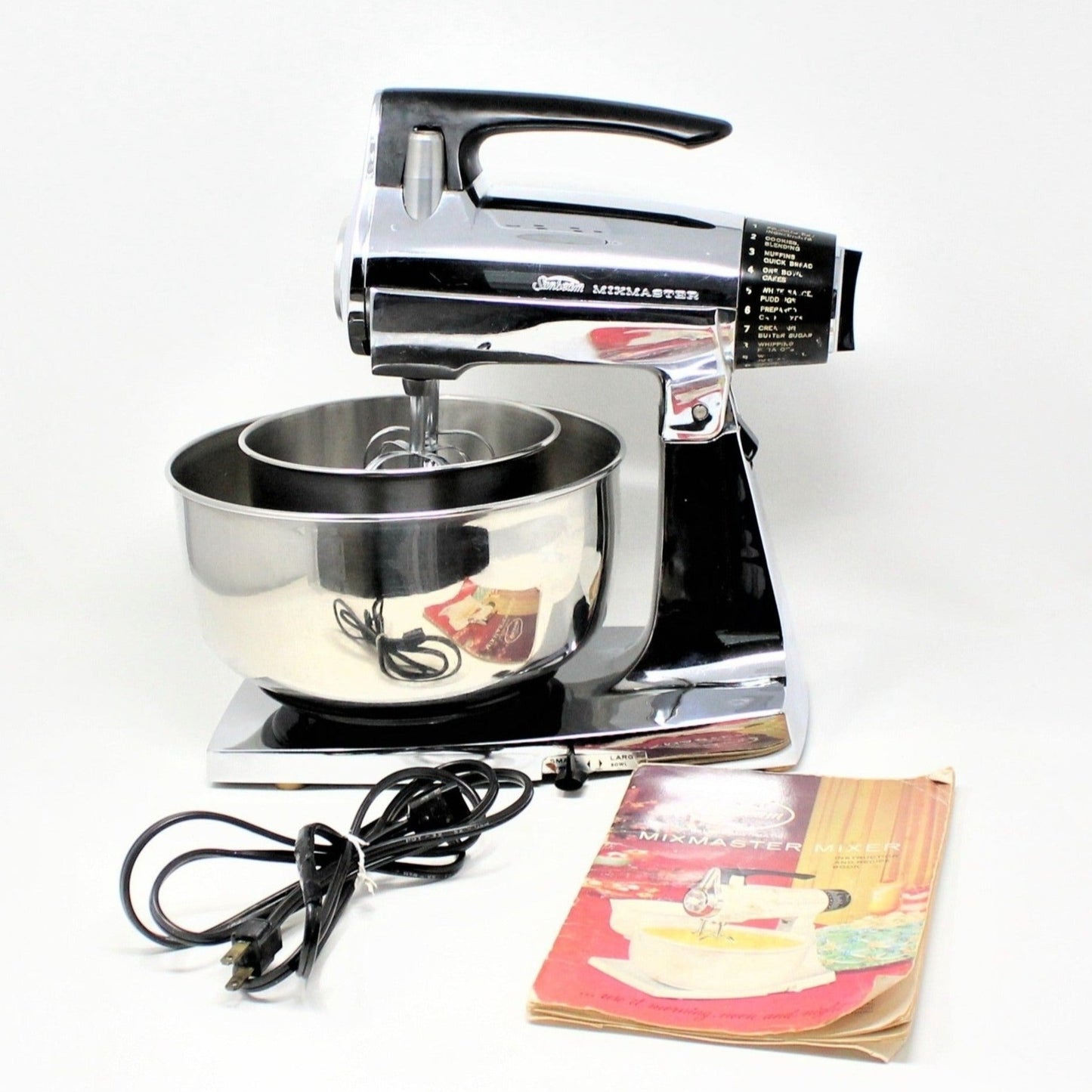 Mixer, Sunbeam, Chrome MixMaster Stand Mixer with Two Bowls, Recipe Booklet, Vintage