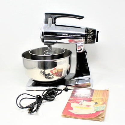 Mixer, Sunbeam, Chrome MixMaster Stand Mixer with Two Bowls, Recipe Booklet, Vintage