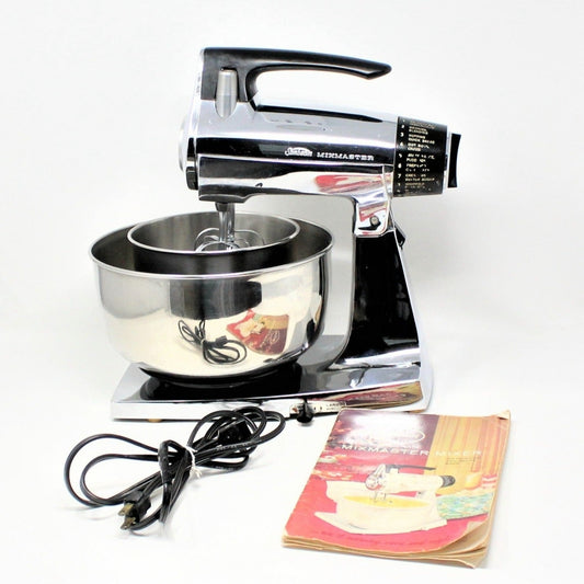 Mixer, Sunbeam, Chrome MixMaster Stand Mixer with Two Bowls, Recipe Booklet, Vintage, SOLD