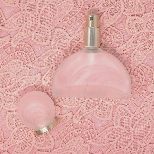 Perfume Bottle, Half Moon Shaped Frosted Glass, Art Deco Style Swirls, Spray Top, Vintage 1980s