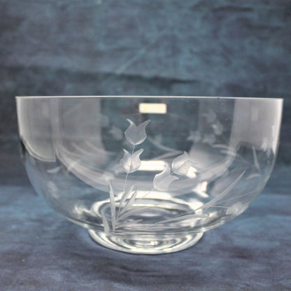 Bowl, Colony Glass, Etched Tulips, Hand Made, Vintage Romania