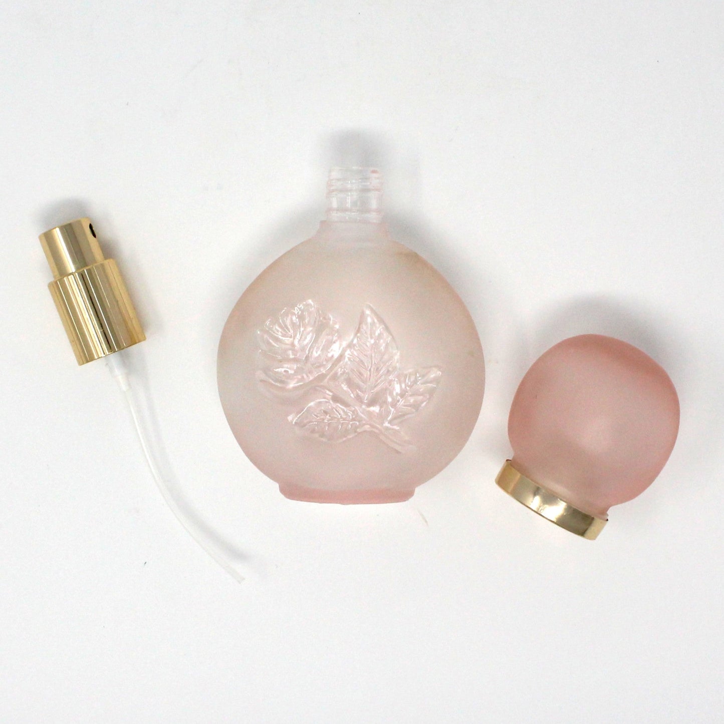 Perfume Bottle, Enesco, Frosted Pink Glass with Debossed Floral Imprint, Spray Top, Vintage