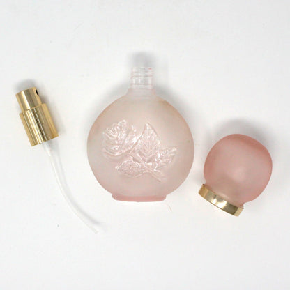 Perfume Bottle, Enesco, Frosted Pink Glass with Debossed Floral Imprint, Spray Top, Vintage