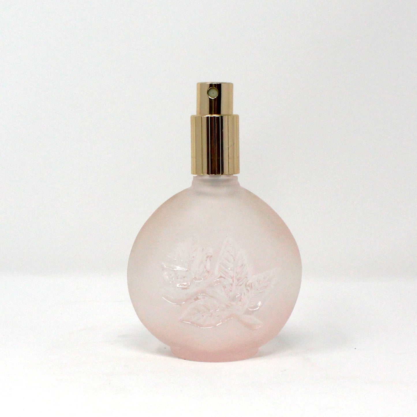 Perfume Bottle, Enesco, Frosted Pink Glass with Debossed Floral Imprint, Spray Top, Vintage