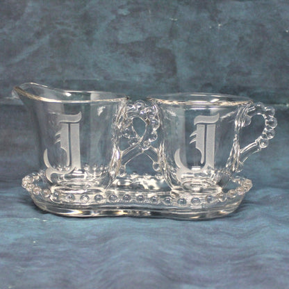 Creamer and Sugar with Tray, Imperial Glass, Candlewick Clear, Beaded Boopie Glass, Vintage