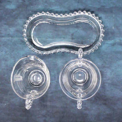 Creamer and Sugar with Tray, Imperial Glass, Candlewick Clear, Beaded Boopie Glass, Vintage
