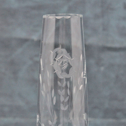 Bud Vase, Plum Blossom, Etched Glass, Vintage 1970's
