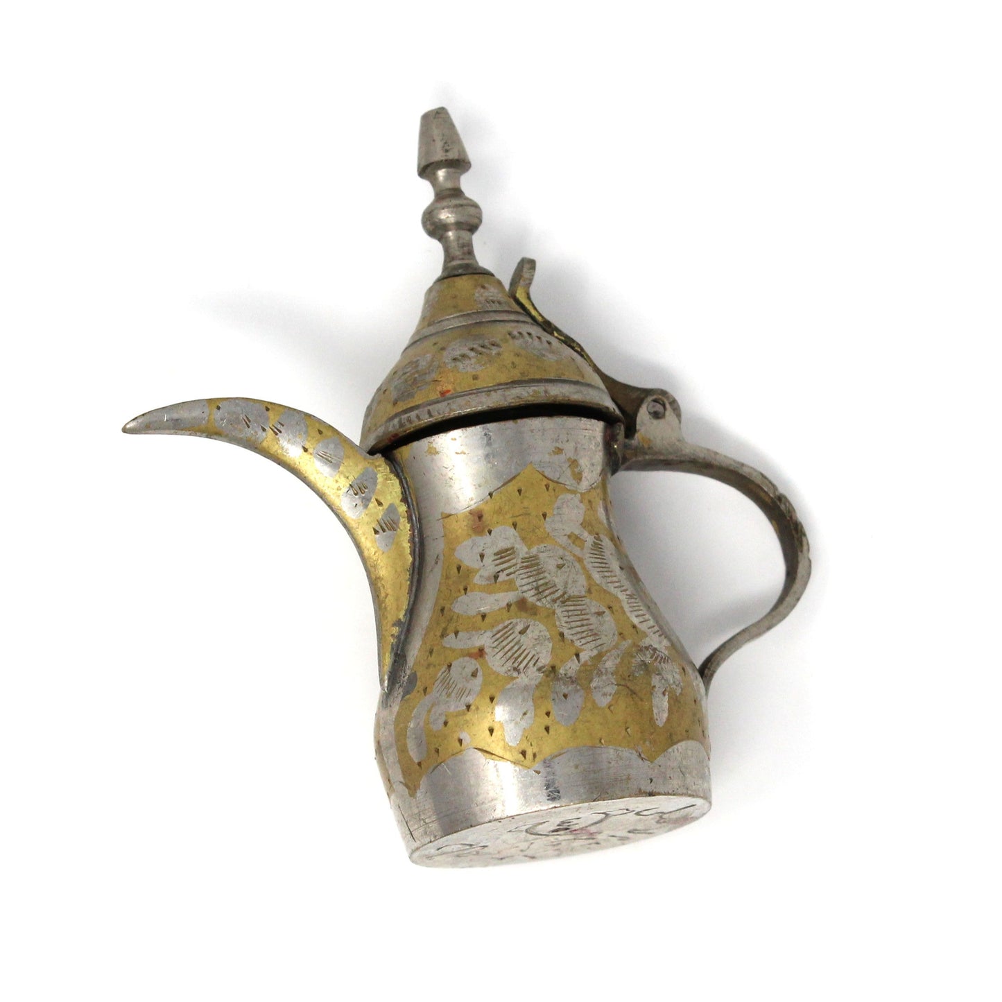 Coffee Pot, Middle Eastern Dallah, Brass Plated, Hand Carved Design, Arabic Coffee Pot, Vintage 4"