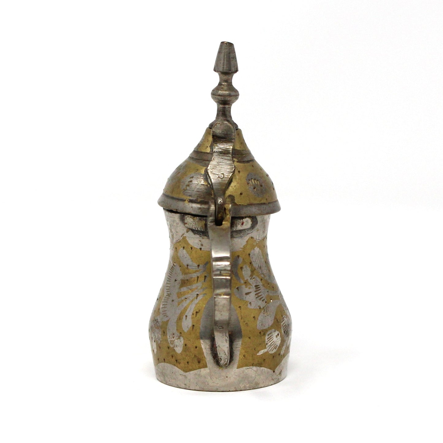 Coffee Pot, Middle Eastern Dallah, Brass Plated, Hand Carved Design, Arabic Coffee Pot, Vintage 4"