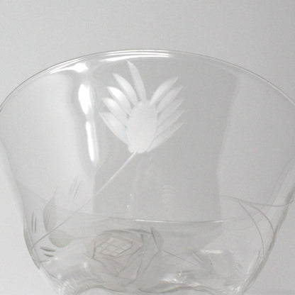 Champagne / Tall Sherbet, Cut / Etched Rose and Leaves, Blown Glass, Set of 5, Vintage