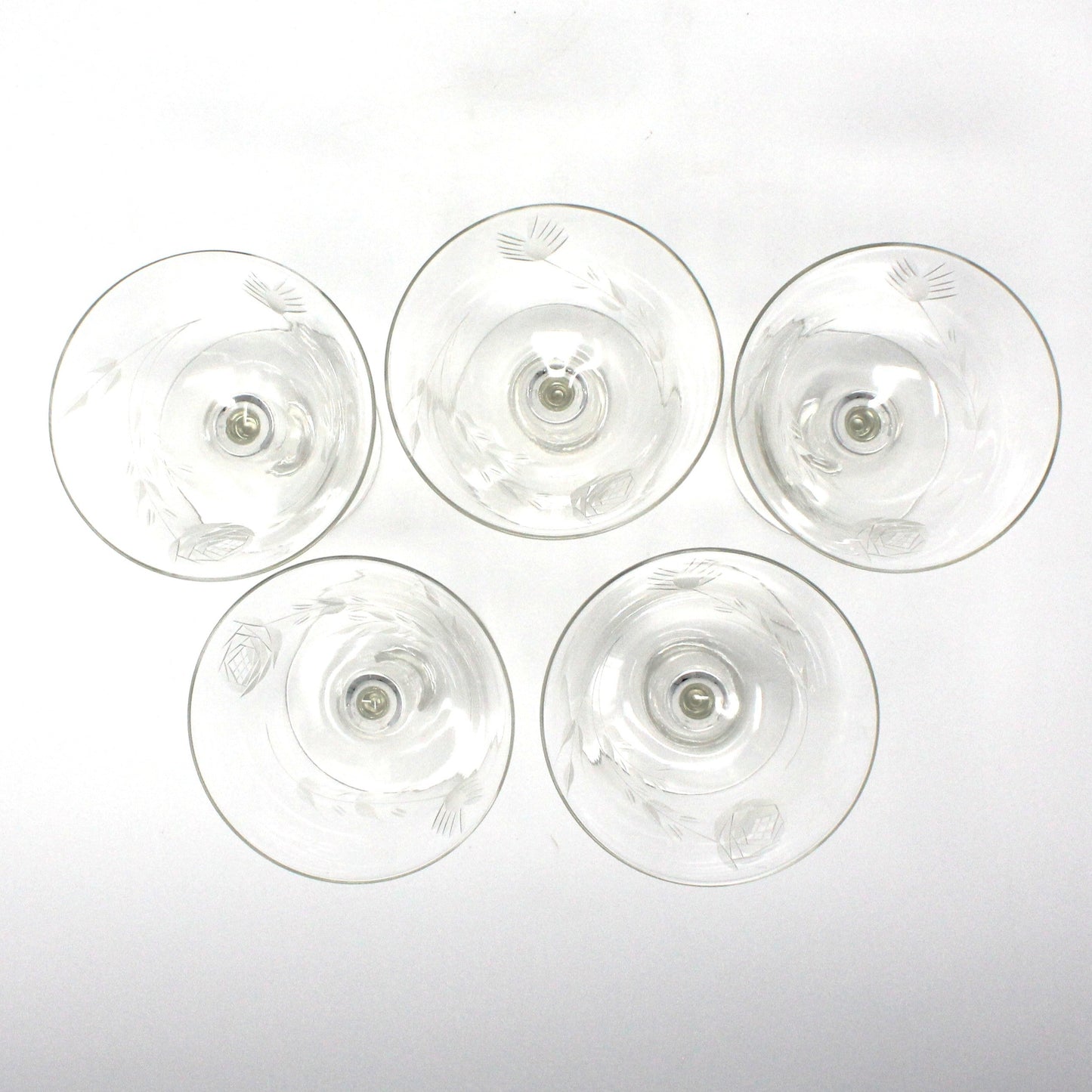 Champagne / Tall Sherbet, Cut / Etched Rose and Leaves, Blown Glass, Set of 5, Vintage
