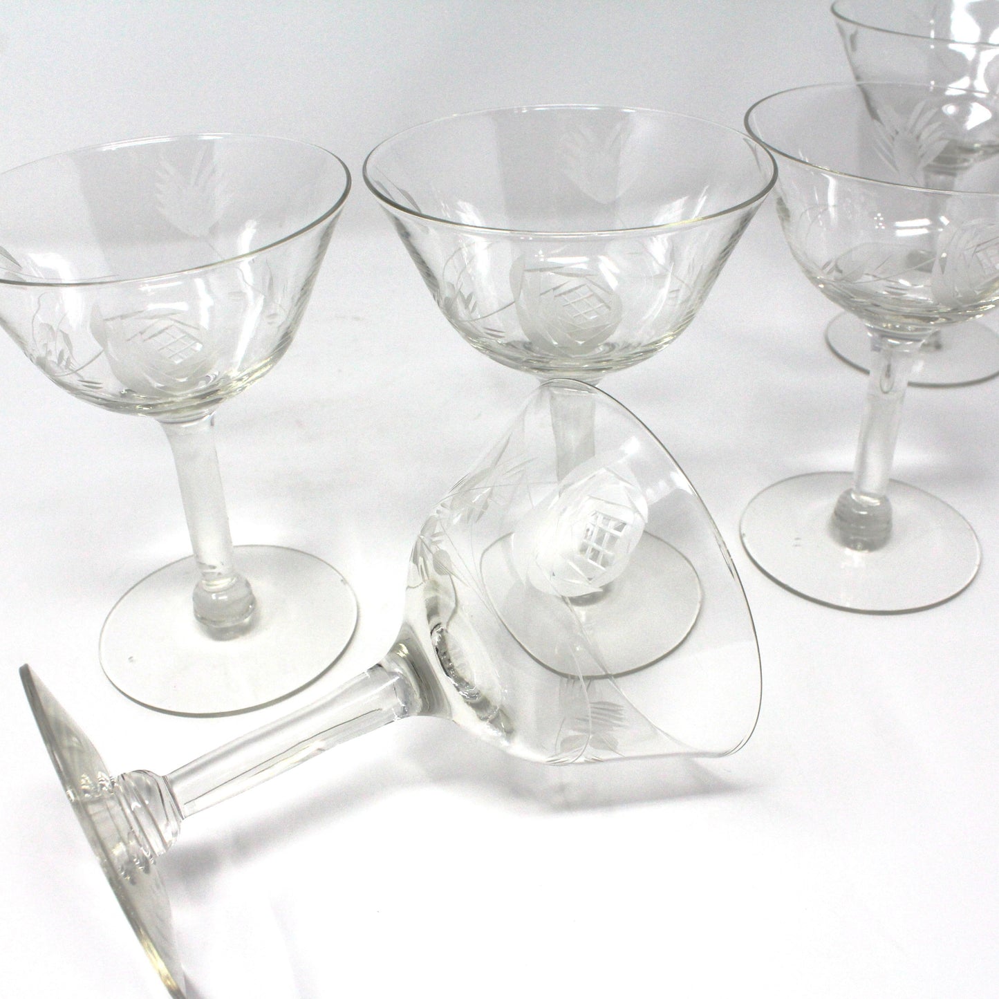 Champagne / Tall Sherbet, Cut / Etched Rose and Leaves, Blown Glass, Set of 5, Vintage