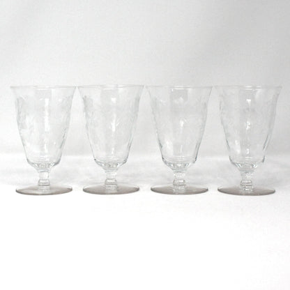 Glasses, Cocktail / Wine / Juice Glasses, Footed, Cut / Etched Crystal Florals, Optic Glass, Set of 4,  Vintage