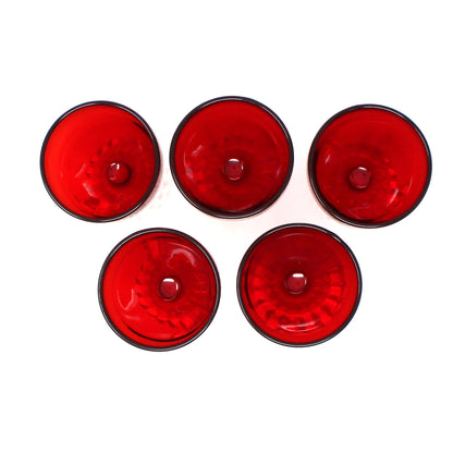 Glasses, Cocktail Stemware, Anchor Hocking, Bubble Foot Ruby, Stemmed, Set of 5, Mid Century, Claret, Vintage