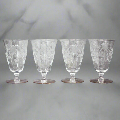 Glasses, Cocktail / Wine / Juice Glasses, Footed, Cut / Etched Crystal Florals, Optic Glass, Set of 4,  Vintage