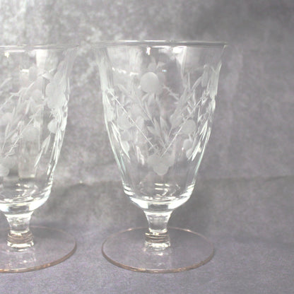 Glasses, Cocktail / Wine / Juice Glasses, Footed, Cut / Etched Crystal Florals, Optic Glass, Set of 4,  Vintage