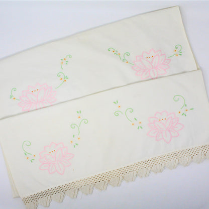Pillow Cases, Hand Embroidered Pink Lotus Flowers with Crochet Border, Vintage