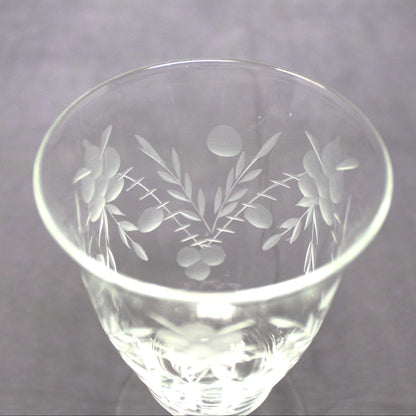 Glasses, Cocktail / Wine / Juice Glasses, Footed, Cut / Etched Crystal Florals, Optic Glass, Set of 4,  Vintage