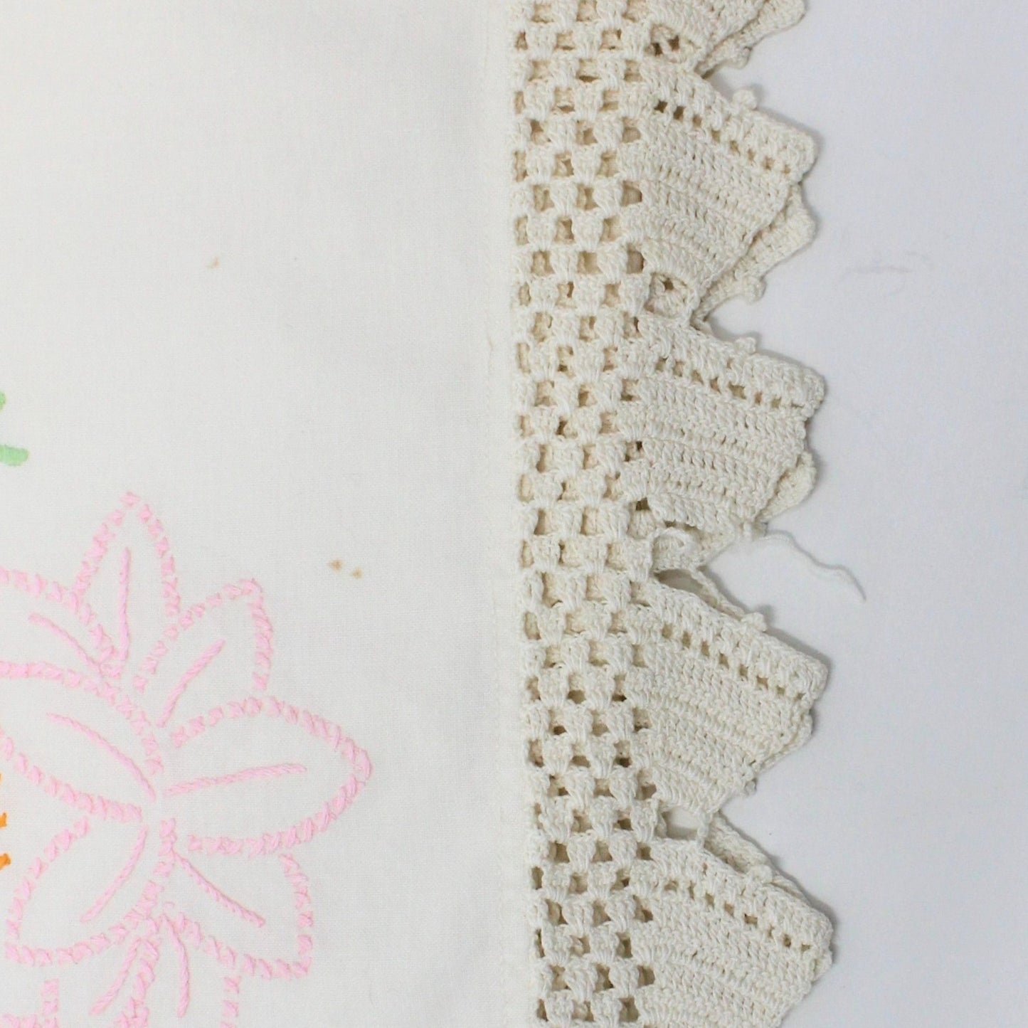 Pillow Cases, Hand Embroidered Pink Lotus Flowers with Crochet Border, Vintage