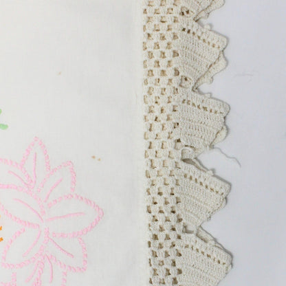 Pillow Cases, Hand Embroidered Pink Lotus Flowers with Crochet Border, Vintage