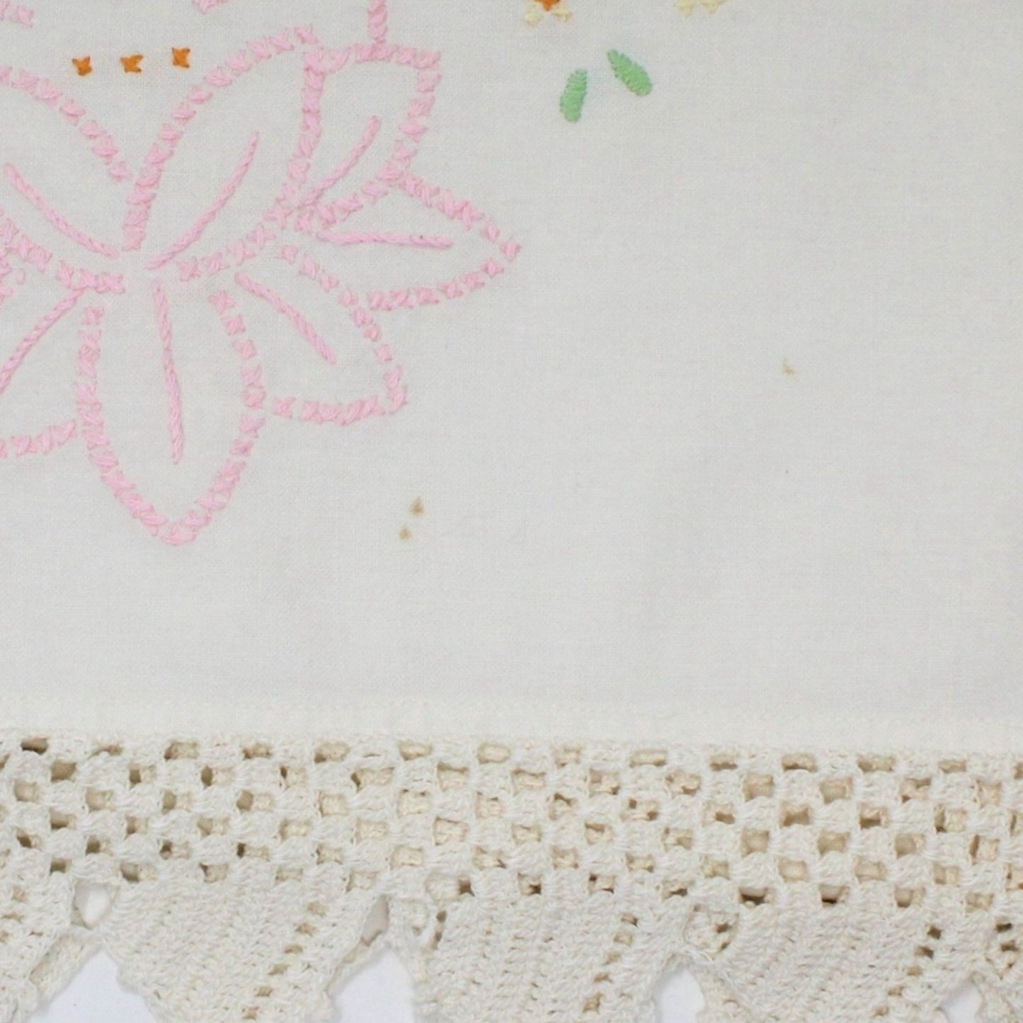 Pillow Cases, Hand Embroidered Pink Lotus Flowers with Crochet Border, Vintage