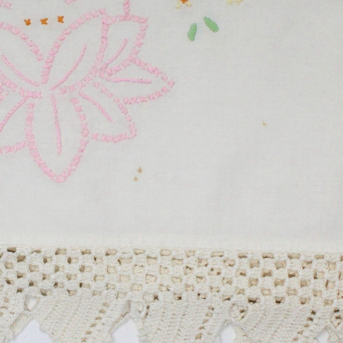 Pillow Cases, Hand Embroidered Pink Lotus Flowers with Crochet Border, Vintage