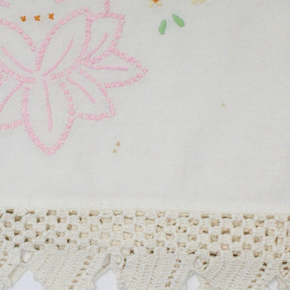 Pillow Cases, Hand Embroidered Pink Lotus Flowers with Crochet Border, Vintage