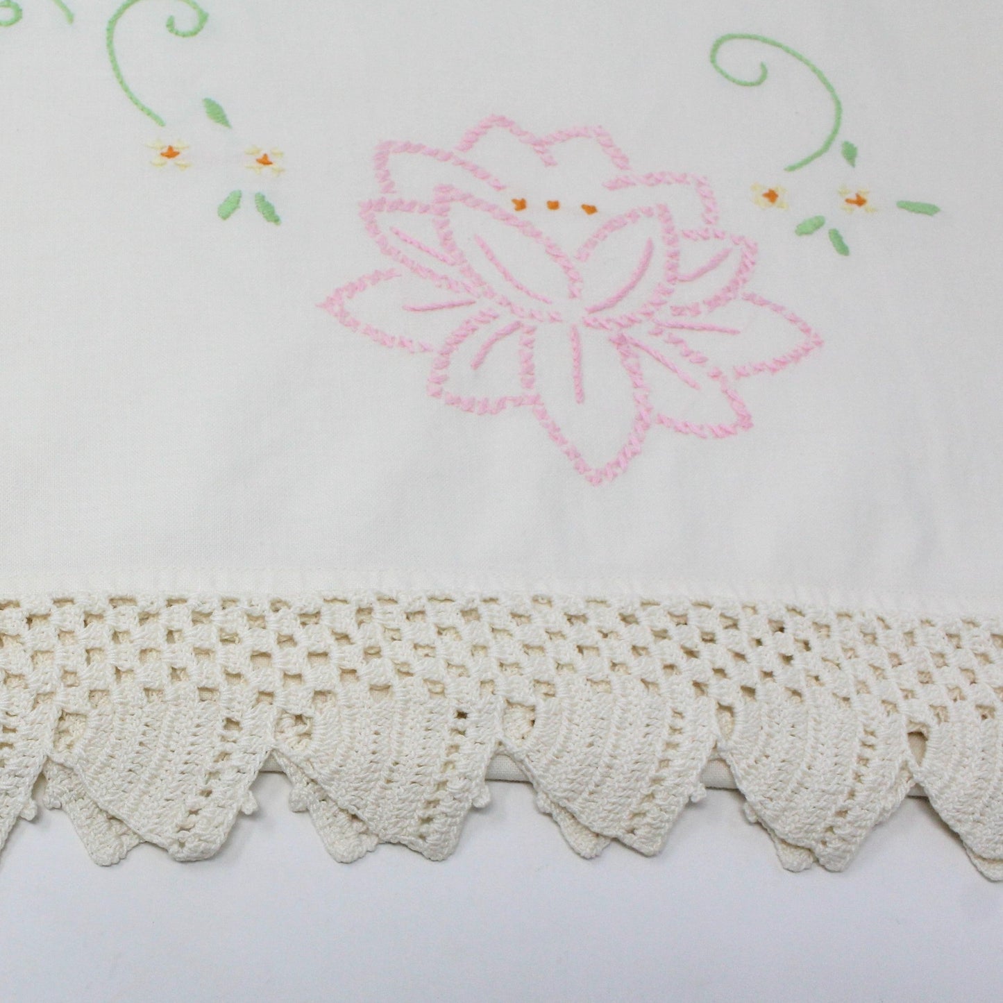 Pillow Cases, Hand Embroidered Pink Lotus Flowers with Crochet Border, Vintage