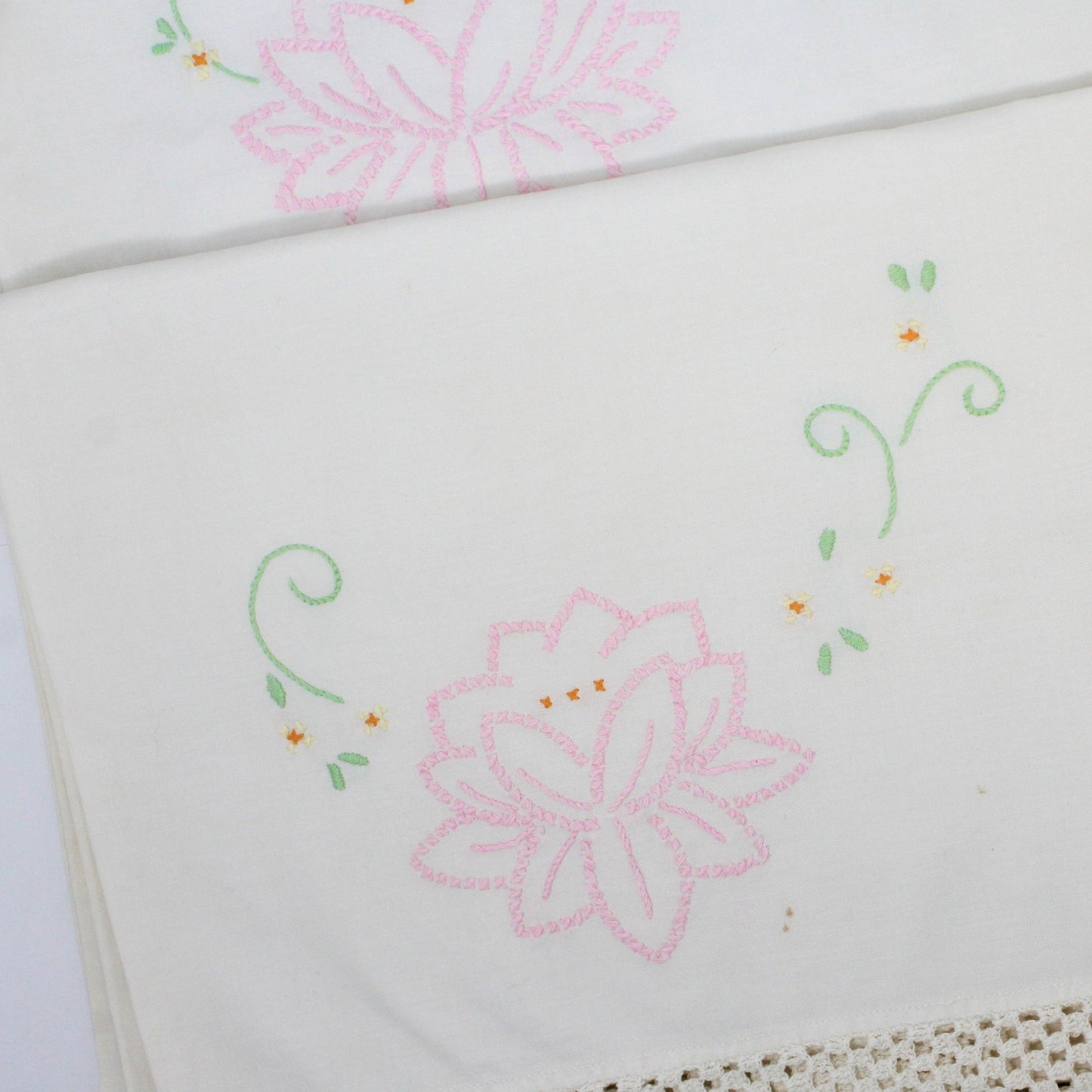 Pillow Cases, Hand Embroidered Pink Lotus Flowers with Crochet Border, Vintage