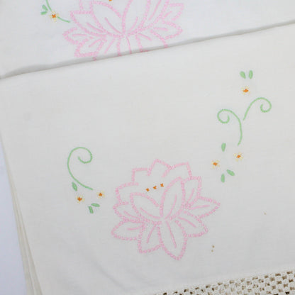 Pillow Cases, Hand Embroidered Pink Lotus Flowers with Crochet Border, Vintage