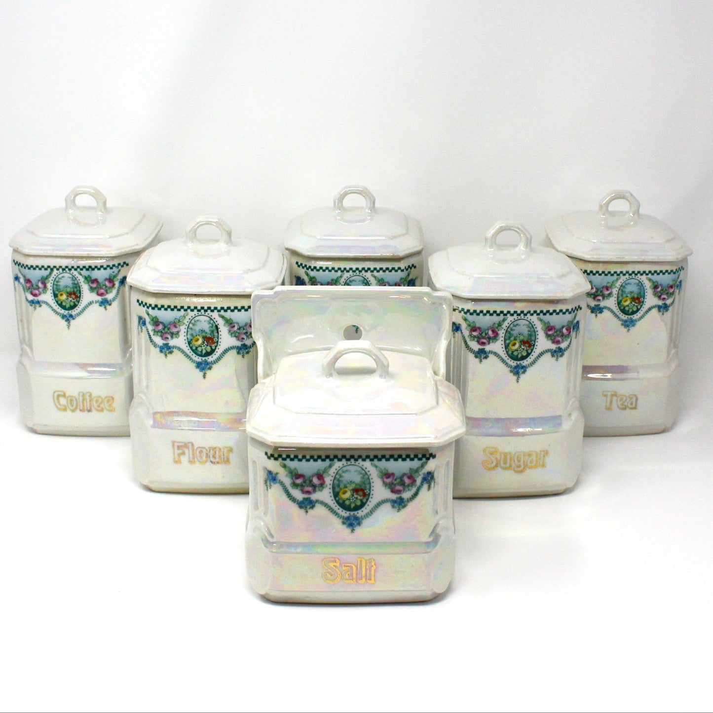 Canister Set, Mepoco Ware, Blue and White Lusterware, Floral Pattern, Set of 6, (12 Pcs), Antique Germany