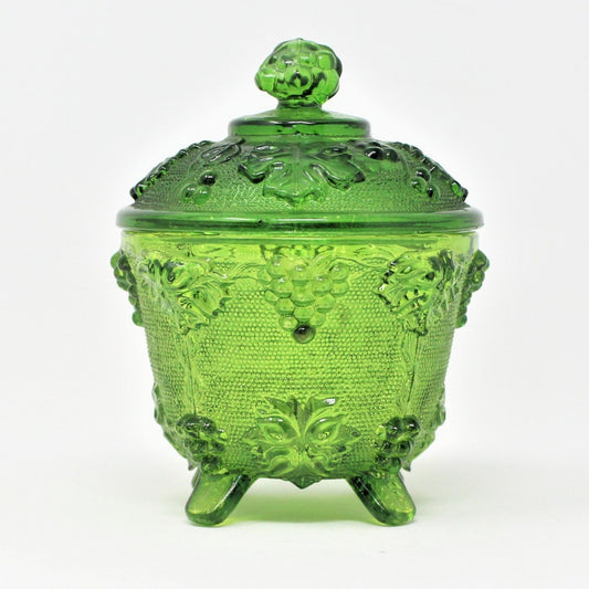 Bon Bon / Candy Dish with Lid, Jeannette Glass, Grapes & Vines 3525, Green Footed Bowl, Vintage, SOLD