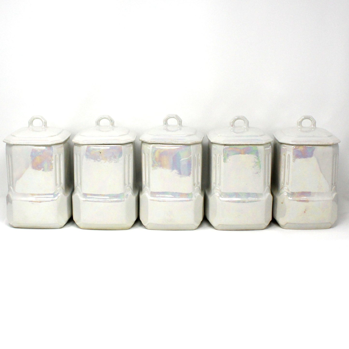 Canister Set, Mepoco Ware, Blue and White Lusterware, Floral Pattern, Set of 6, (12 Pcs), Antique Germany