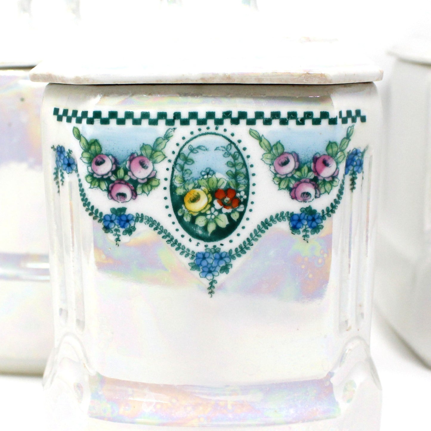 Canister Set, Mepoco Ware, Blue and White Lusterware, Floral Pattern, Set of 6, (12 Pcs), Antique Germany