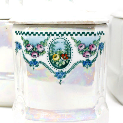Canister Set, Mepoco Ware, Blue and White Lusterware, Floral Pattern, Set of 6, (12 Pcs), Antique Germany