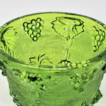 Candy Dish with Lid, Jeannette Glass, Grapes & Vines 3525, Green Footed Bowl, Vintage