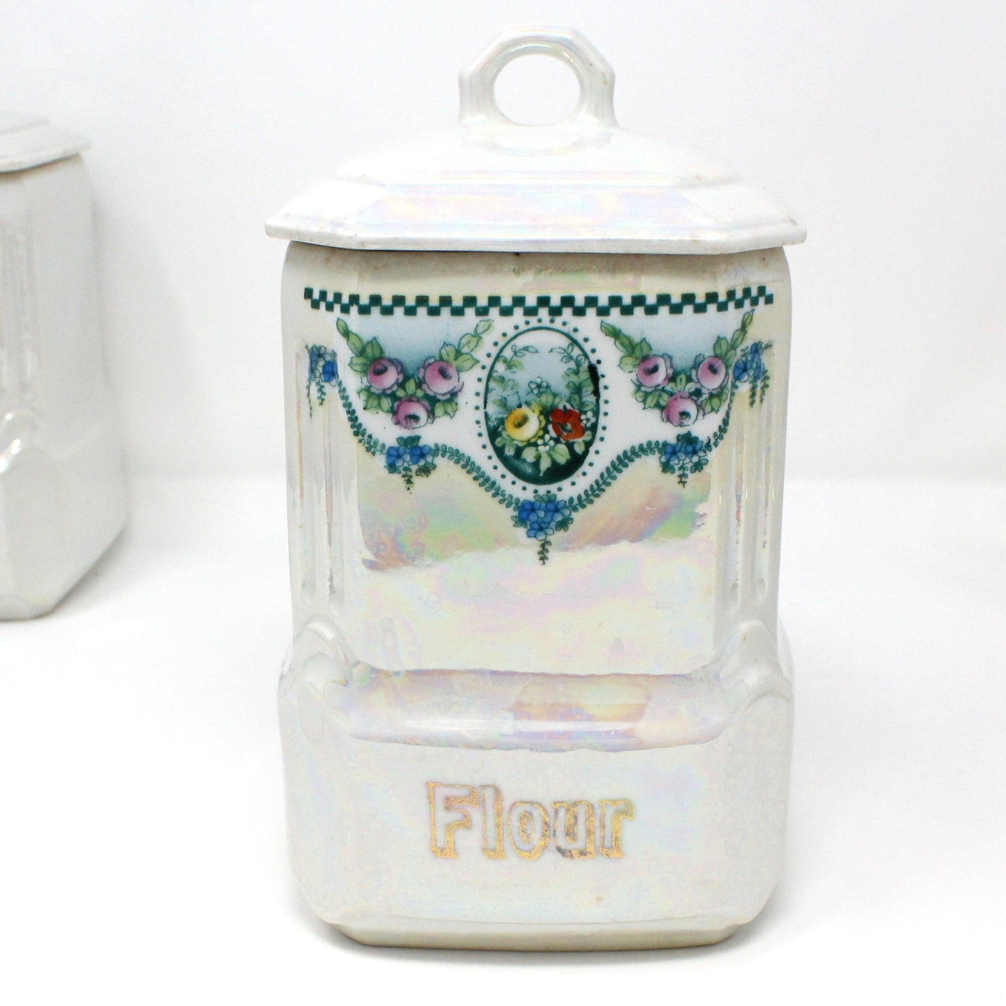 Canister Set, Mepoco Ware, Blue and White Lusterware, Floral Pattern, Set of 6, (12 Pcs), Antique Germany