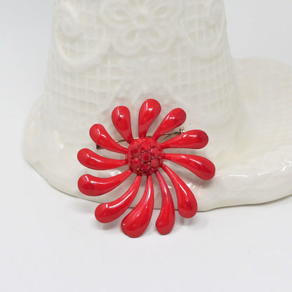 Brooch / Pin, Red Flower Pinwheel, Enamel, Vintage