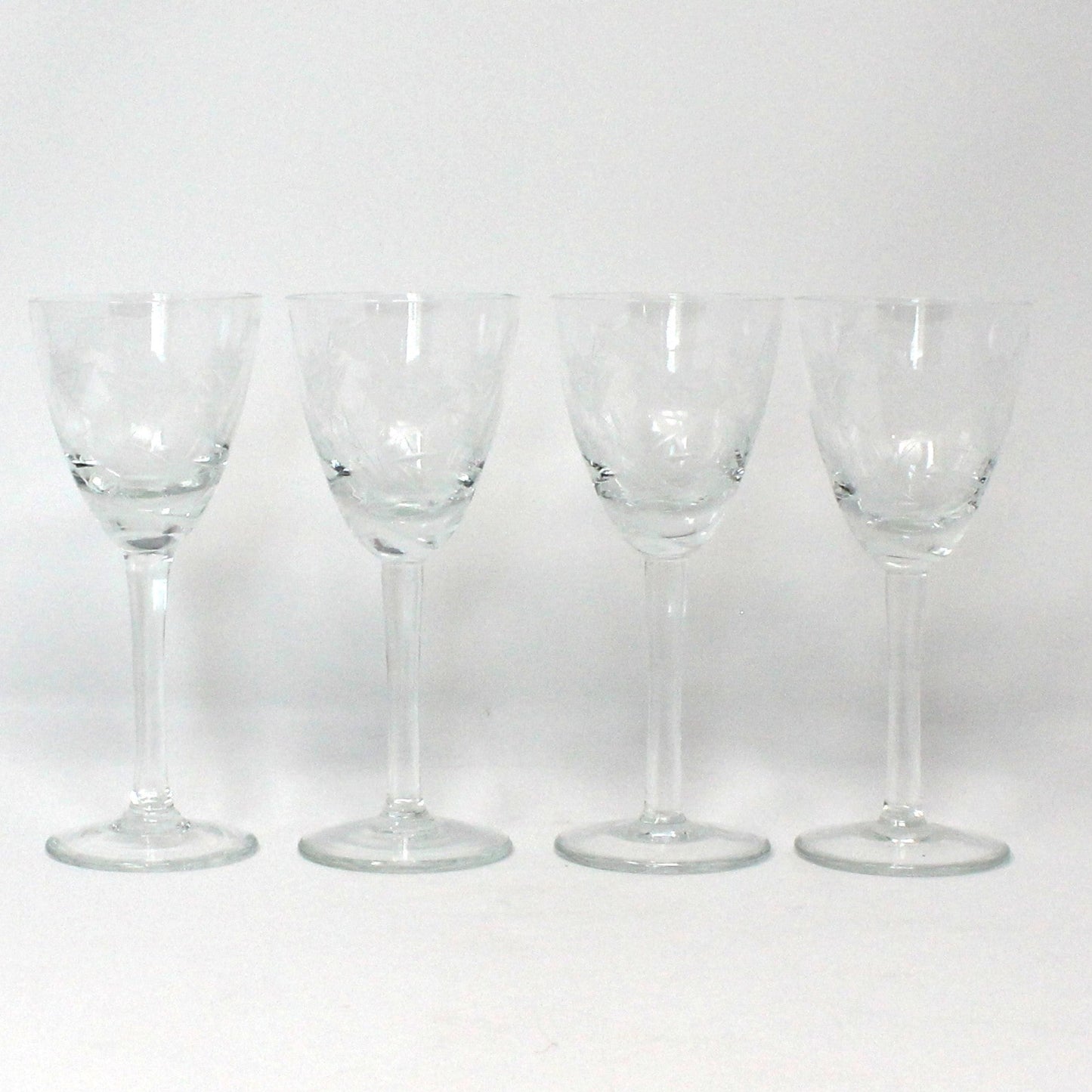 Glasses, Cocktail / Sherry / Liqueur Glasses, Blown Glass, Etched Florals & Leaves, Set of 4, Toscany, Vintage Romania