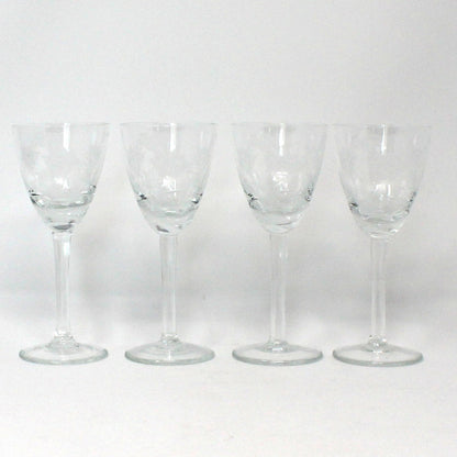 Glasses, Cocktail / Sherry / Liqueur Glasses, Blown Glass, Etched Florals & Leaves, Set of 4, Toscany, Vintage Romania
