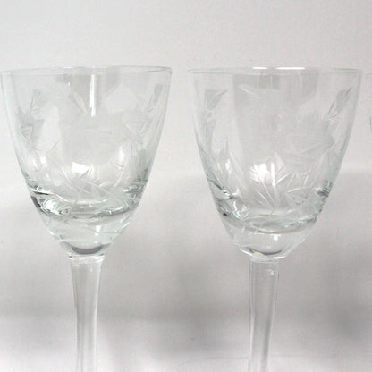 Glasses, Cocktail / Sherry / Liqueur Glasses, Blown Glass, Etched Florals & Leaves, Set of 4, Toscany, Vintage Romania